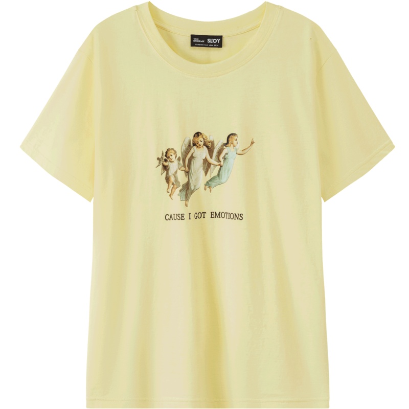 OtherMix小天使印花t恤女2021年夏季新款韩版直筒短袖中长款上衣