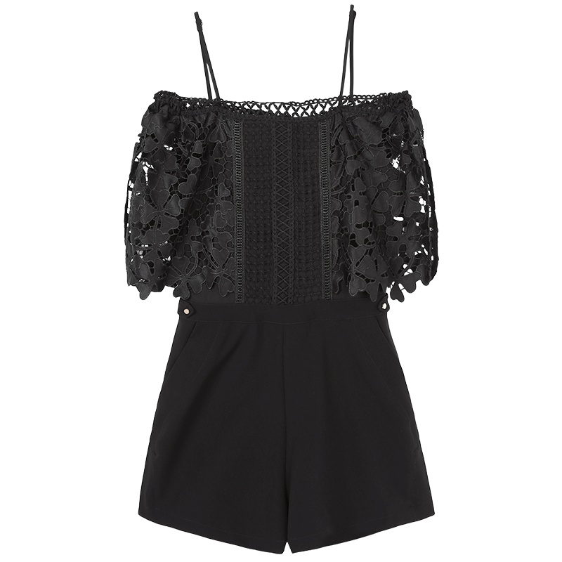 马克华菲女装一字领蕾丝连体裤女夏2019新款 高腰显瘦直筒裤