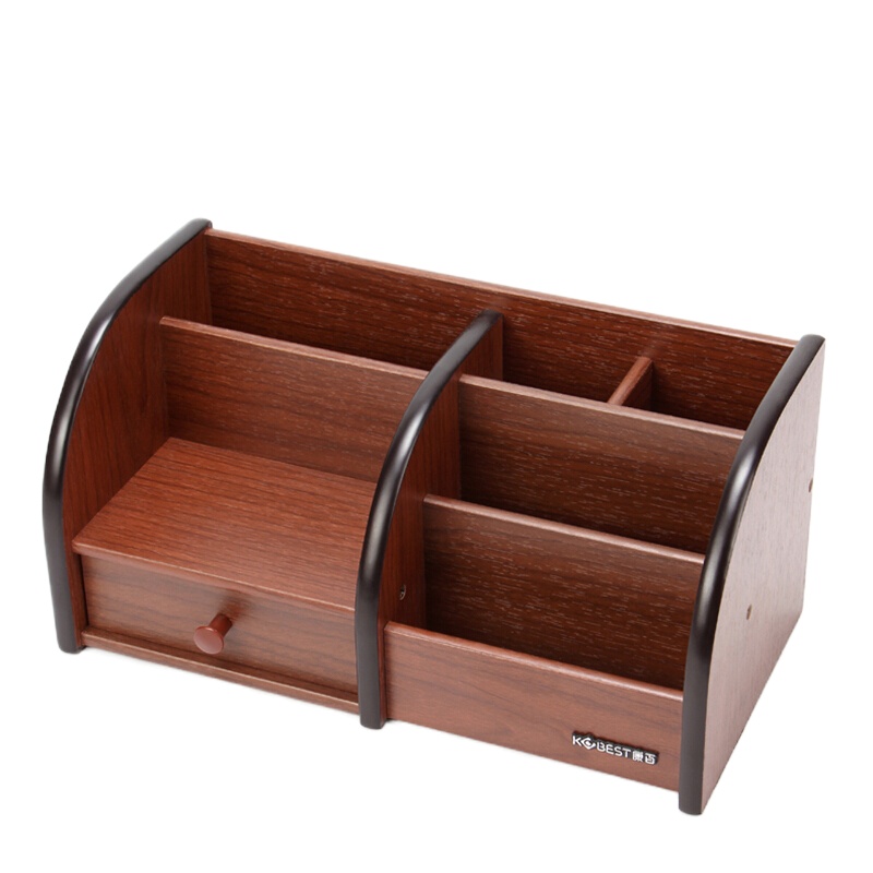 康百 (KOBEST)P9003木纹多用收纳座/木质笔筒/带抽屉/360°旋转/木纹笔座/木笔筒 大号