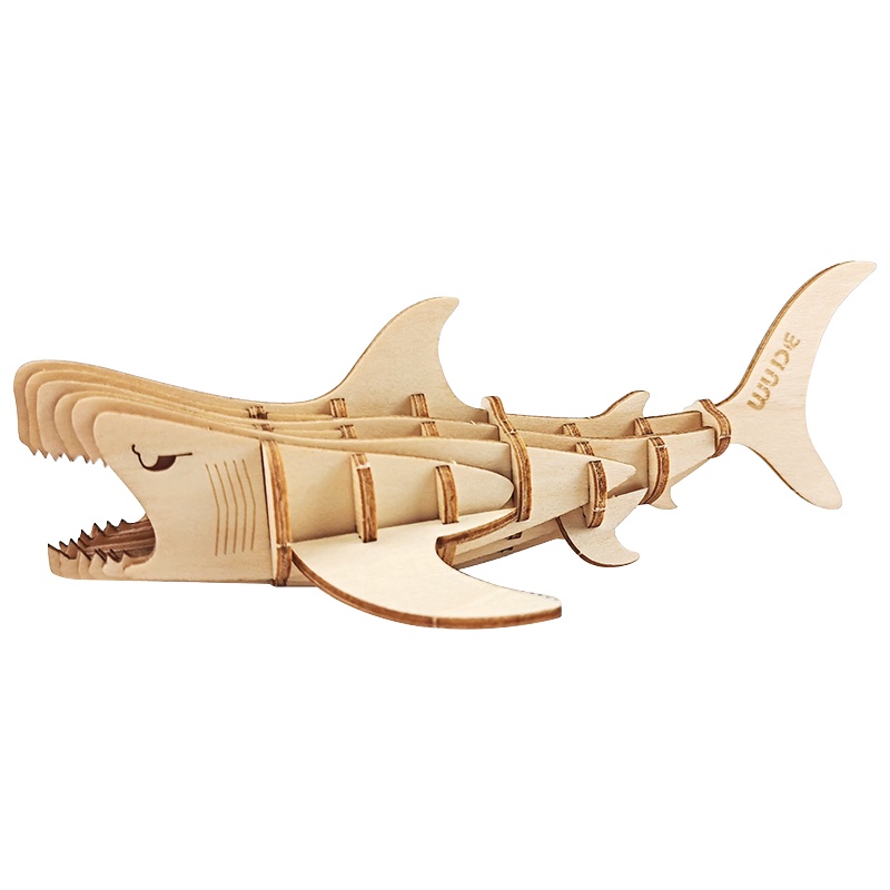 WUDE 巨齿鲨海洋动物立体3d拼图木质diy积木玩具女孩儿童手工拼装艾菲尔模型组装插片摆件圣诞礼物