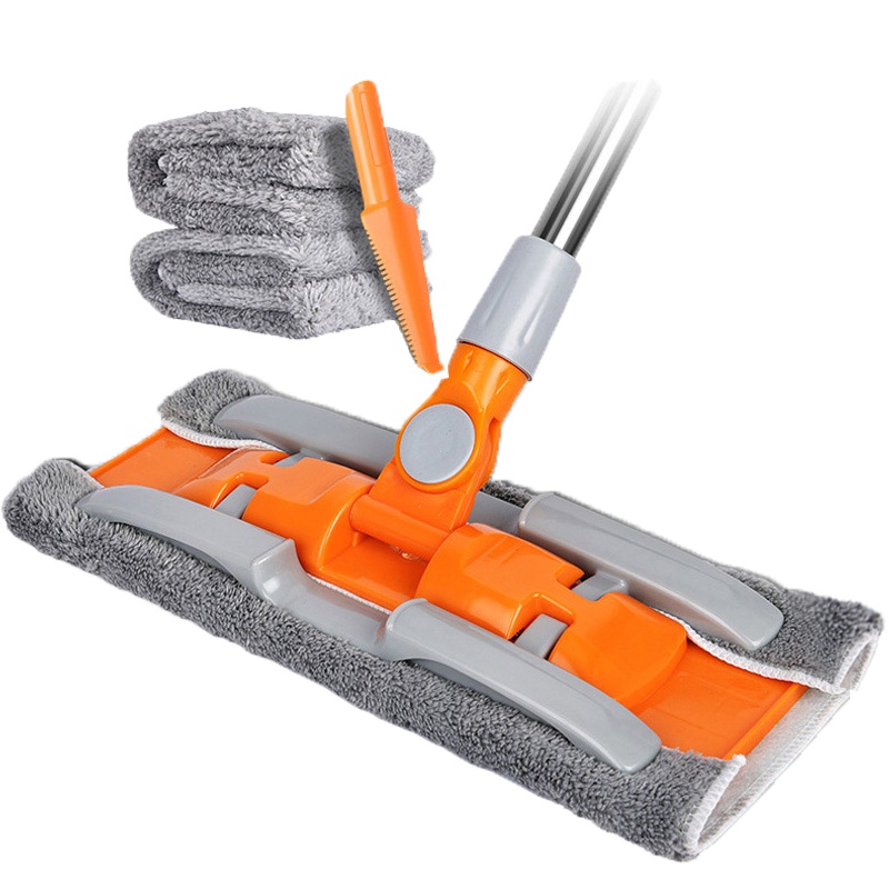 【太太乐大品牌 多送2块拖布】旋转平板拖把不锈钢伸缩杆木地板吸水扫把清洁布拖布墩布尘推地板拖把 橘色平拖