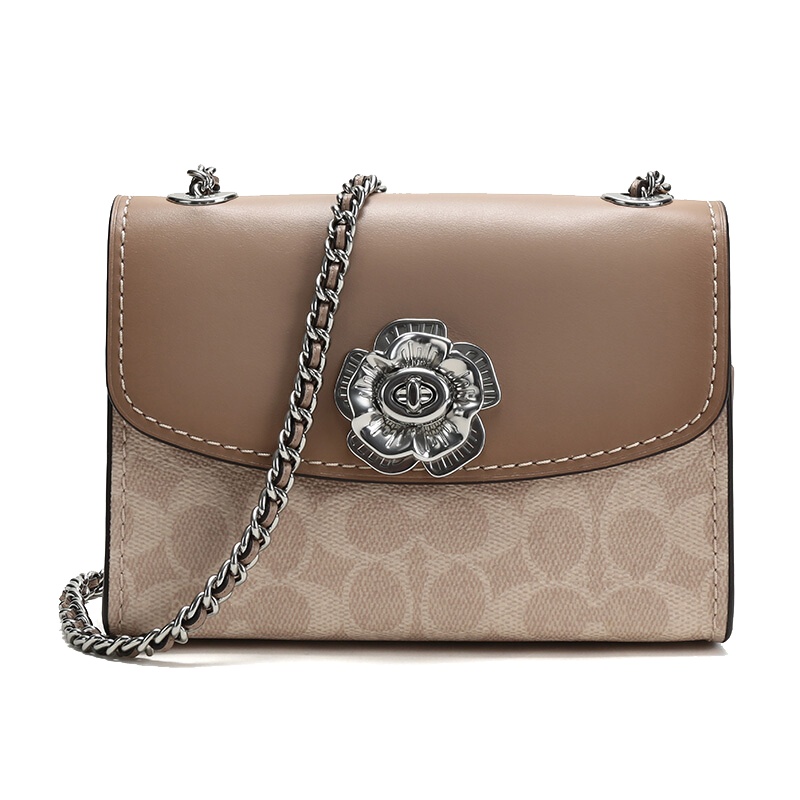 自营 新品 蔻驰 COACH 品 女士专柜款山茶花PARKER人造革配皮单肩斜挎包卡其拼色 34256 LHPVT欧美时