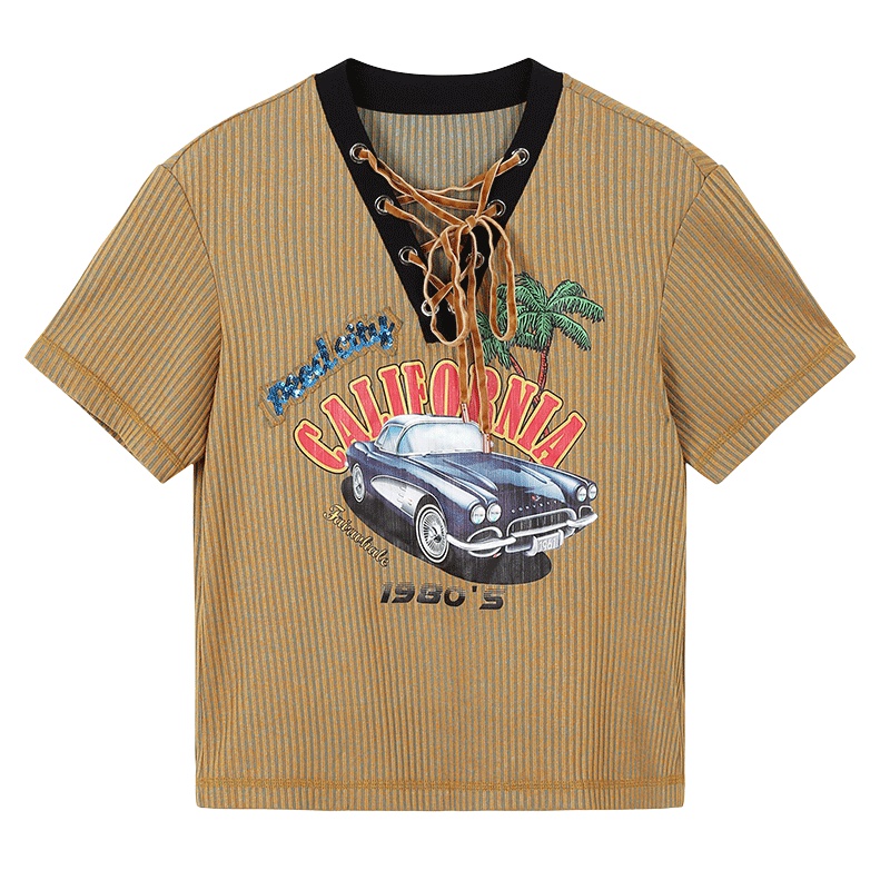 马克华菲女装2019春新字母印花V领短袖针织套头衫短袖上衣女