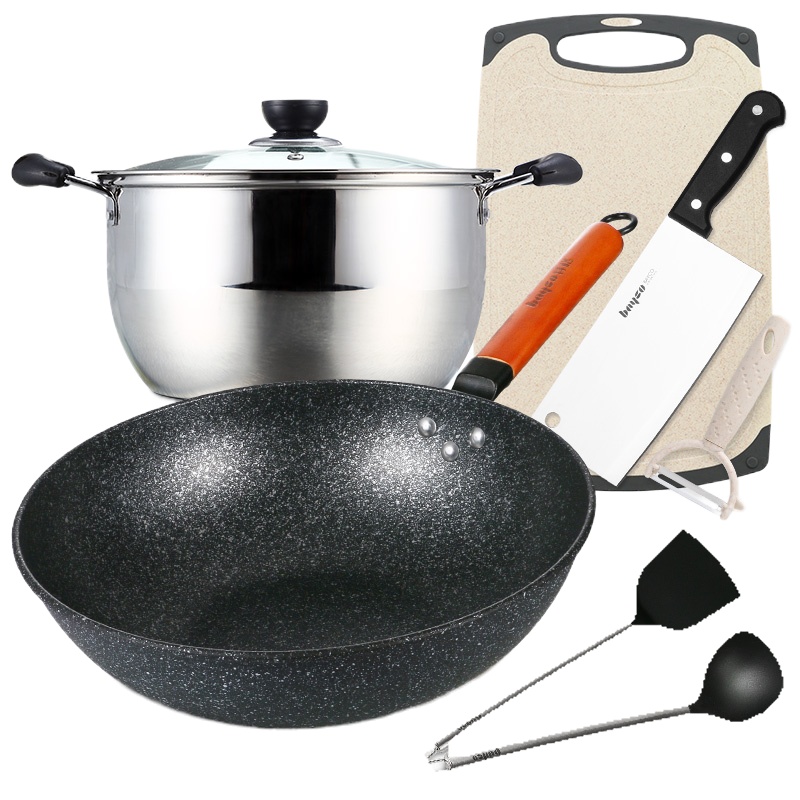 不粘锅炒锅家用麦饭石炒菜锅烘焙精灵煤气灶专用电磁炉厨具套装全套炉具 (7件套)全套厨房锅具套装+锅盖[送护锅铲+汤勺]