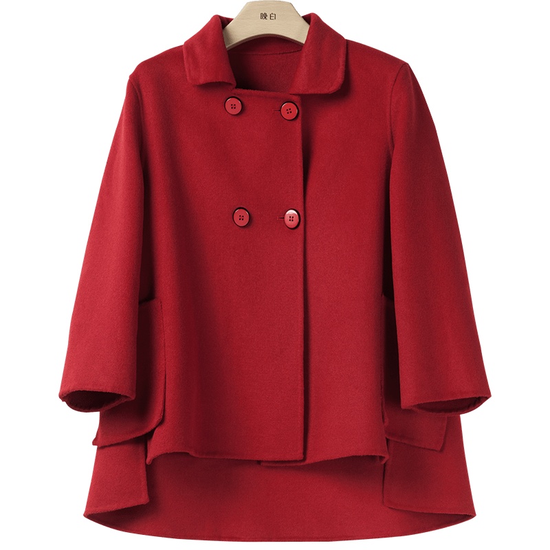 晚白2020冬季新品通勤减龄娃娃领纯色宽松休闲短款羊毛大衣外套女