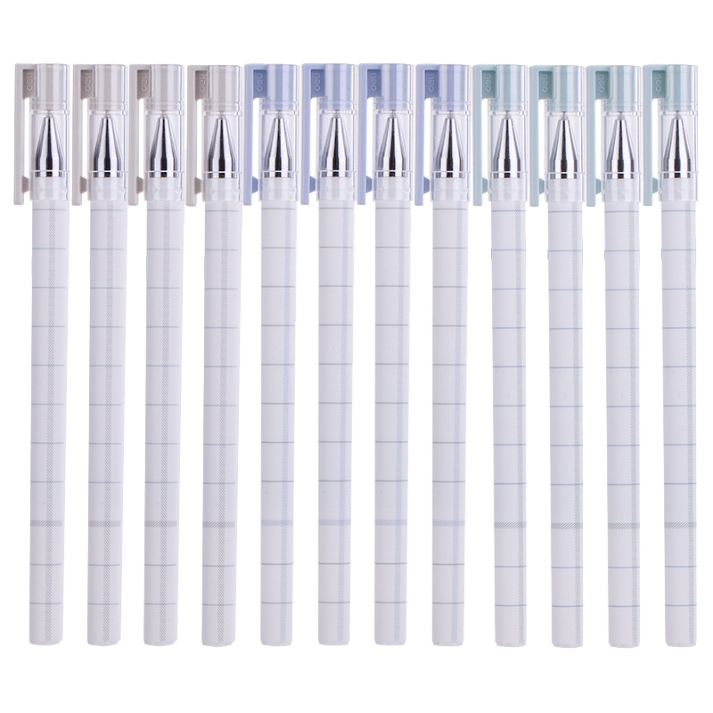 得力中性笔0.38mm学生用黑色拔帽式小清新可爱卡通简约签字笔水性碳素笔全针管式水笔12只盒装A026A-02
