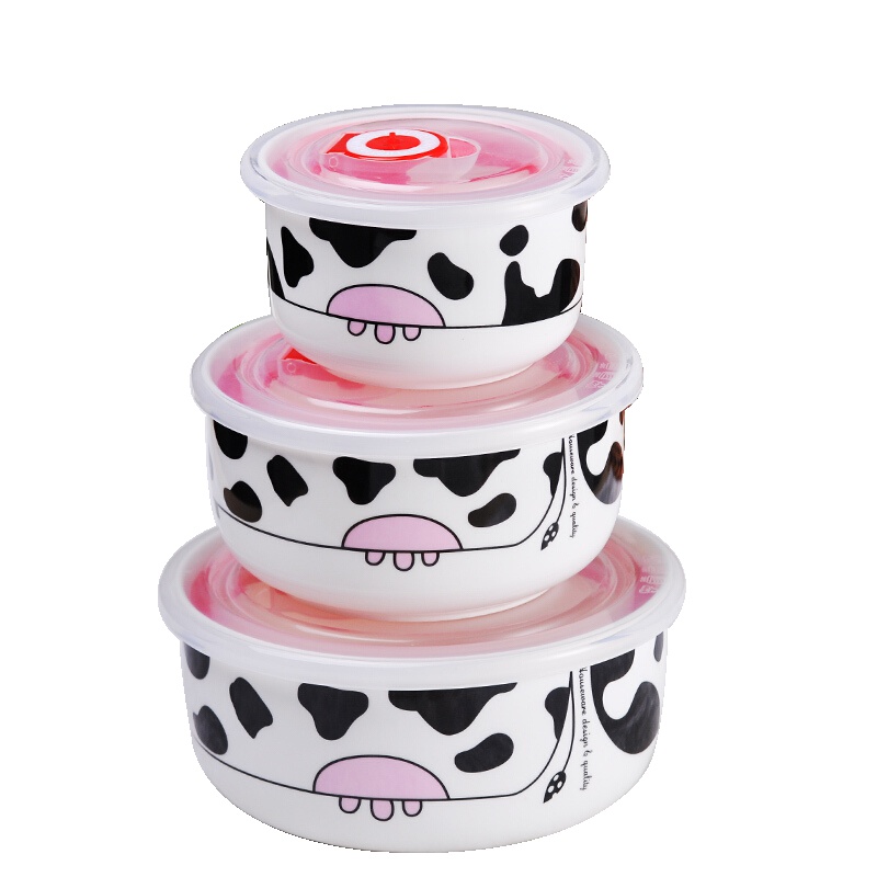 贝瑟斯 陶瓷碗饭盒带盖 保鲜碗三件套装保鲜盒饭碗可爱微波炉可用 泡面碗可爱便当碗带盖学生用陶瓷釉下彩