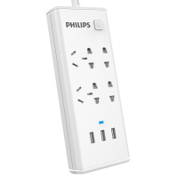 飞利浦(Philips)SPS2412E/93四位+3USB全长1.8米总控开关新国标带保护门插排家用接线板插座排插白色