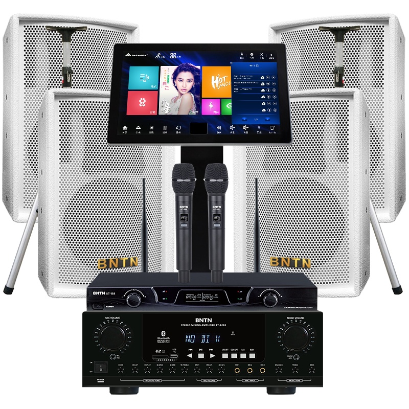 奔腾(BNTN)套装家庭影院KTV音响点歌机套装卡拉OK无线U段话筒麦克风客厅小型唱歌k歌会议室8200配豪庭白一拖四