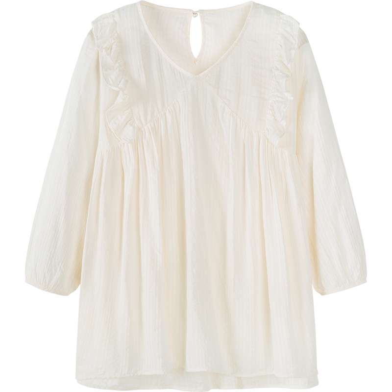 Semir森马长袖衬衫女2019秋季新款V领娃娃衫衬衣清新甜美上衣荷叶边