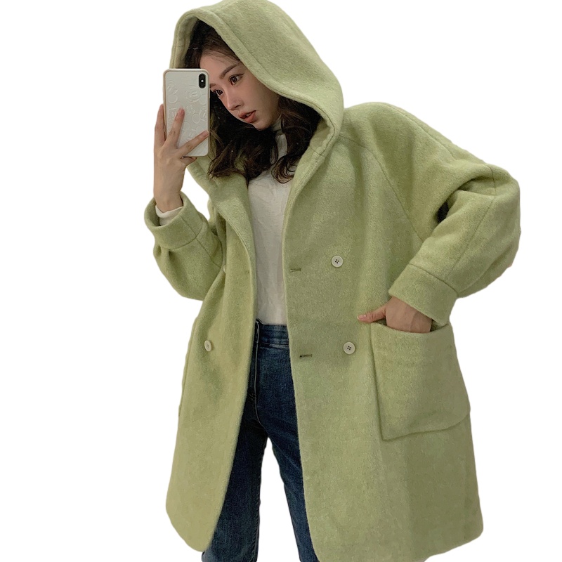 [2.5折价220元]唐狮秋冬新款女毛呢外套女中长款双排扣连帽宽松显瘦韩版潮ZW