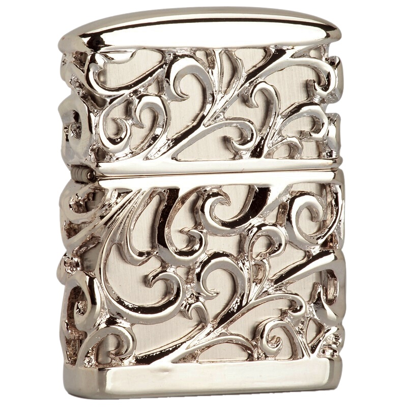 美国ZIPPO打火机 芝宝 王者战衣重盔甲套壳 四面镂空唐草富贵花 金缕玉衣银色卷轴花刻字