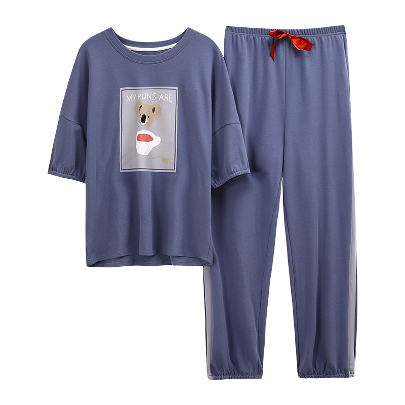 迪奥 短袖长裤睡衣女棉质休闲宽松套装春秋少女士可爱居家服