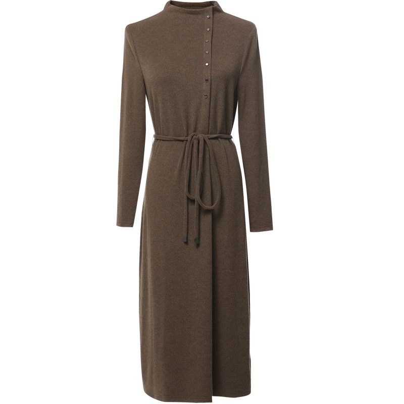 欧昵雪秋冬季立领九分袖收腰磨毛连衣裙女修身过膝直筒裙