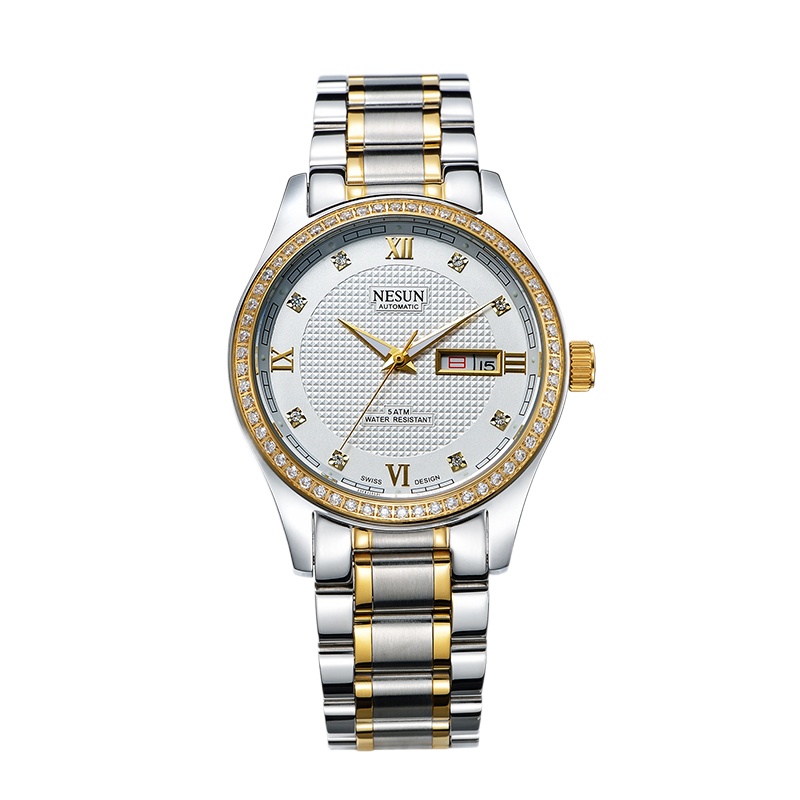 NESUN 尼尚 全自动背透机械表防水夜光双日历男士商务休闲镶石手表