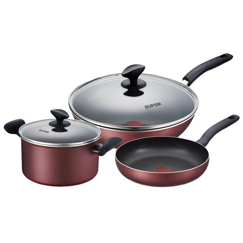 苏泊尔(Supor)火红点雅丽不粘锅三件套煎锅炒锅奶锅汤锅泡面锅平底锅套装TP1708K明火燃气灶通用