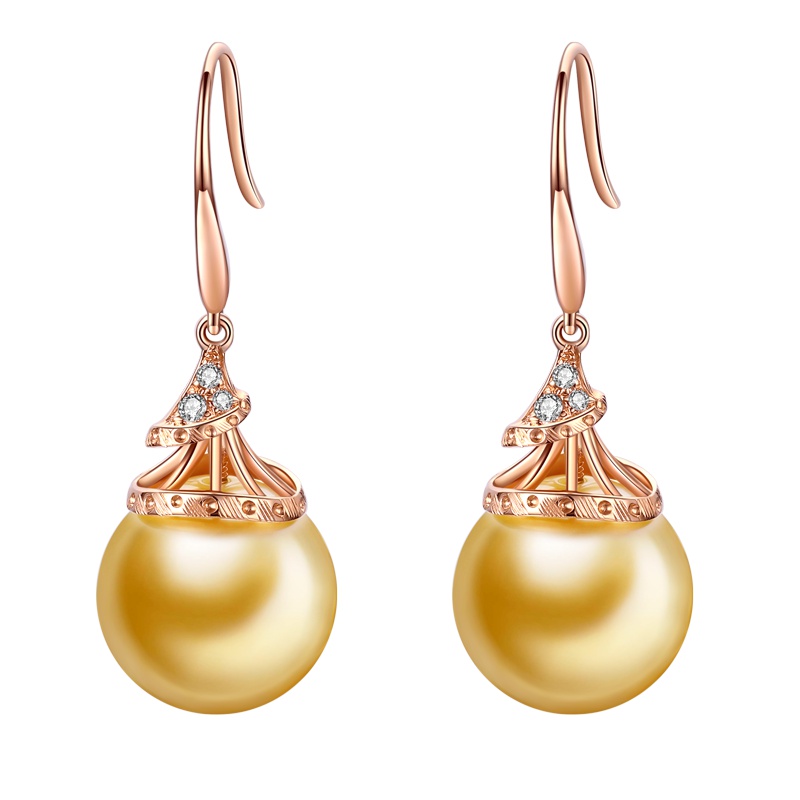 brir佰色传情10-11mm正圆南洋金珠耳钉18K金钻石贵气时尚海水珍珠耳饰耳环