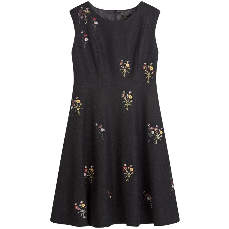 拉夏贝尔Candie’s秋冬女装新款刺绣花羊毛呢无袖连衣裙子30074305