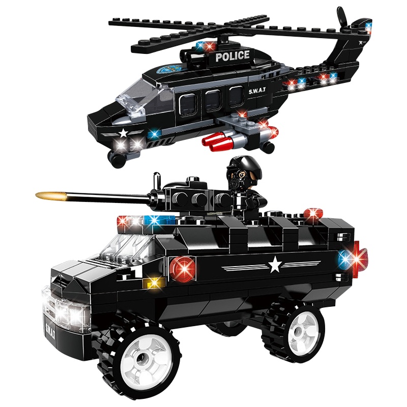 沃马积木男孩玩具儿童玩具特警系列特警战队之游隼号武装直升机C0564