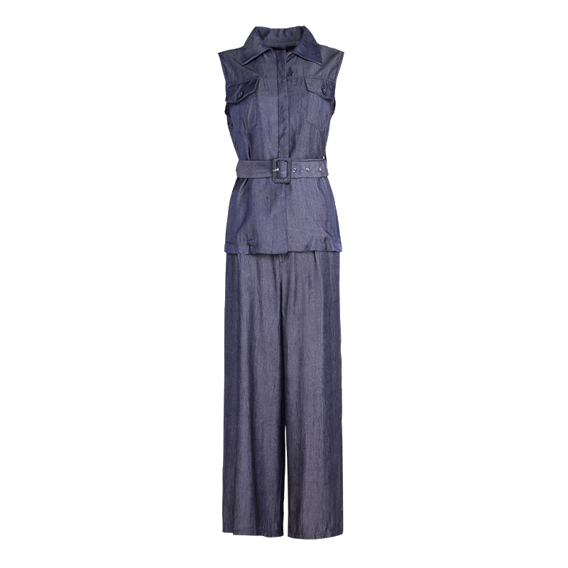 晩白 新品收腰马夹上衣纯色阔腿裤休闲裤长裤两件套