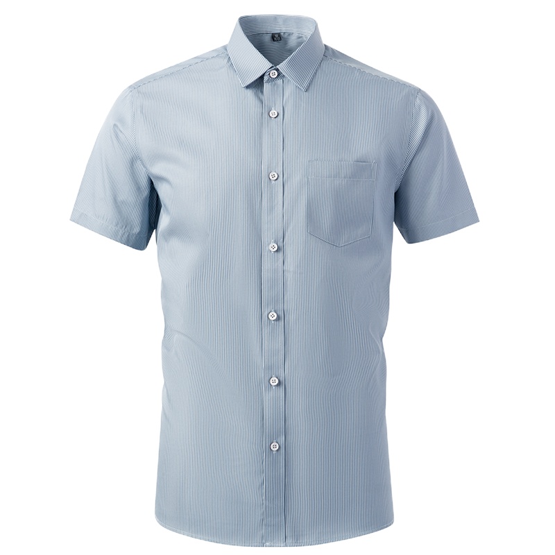 鸭鸭（19.7%棉）男士纯色细条纹衬衫中青年商务休闲夏季短袖衬衣