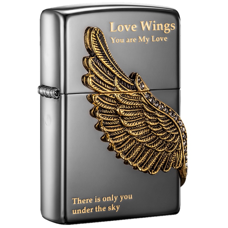 美国ZIPPO打火机 芝宝 爱情之翼 黑冰镀黑镍蚀刻填充徽章 煤油防风火机