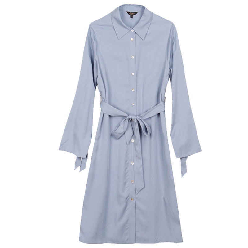 拉夏贝尔中长款衬衫连衣裙秋新款女装单排扣系带创意长袖洋气a字裙女30093510