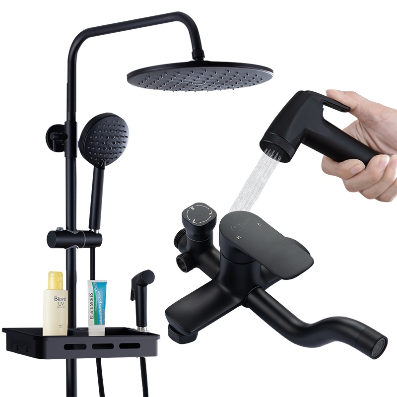 [官方配送]东鹏卫浴(DONG PENG)卫浴花洒混水器妇洗喷枪花洒喷头 空气能增压淋浴花洒套装 黑色花洒 方形花洒套装