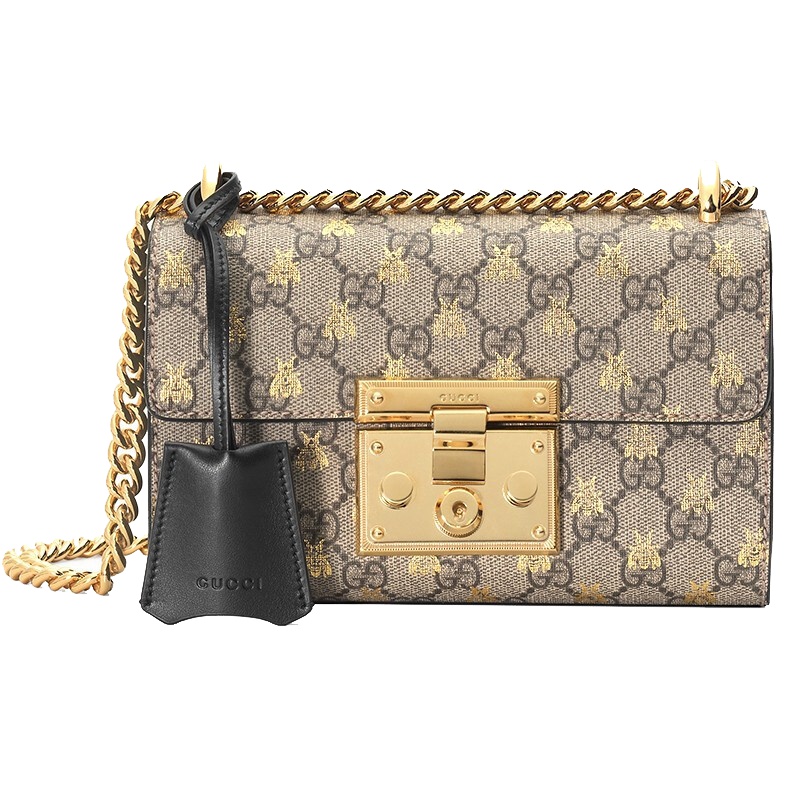 [海外直邮]GUCCI 古驰女包Padlock系列金色蜜蜂印花锁扣小号链条单肩斜跨包409487 9F26G 8319