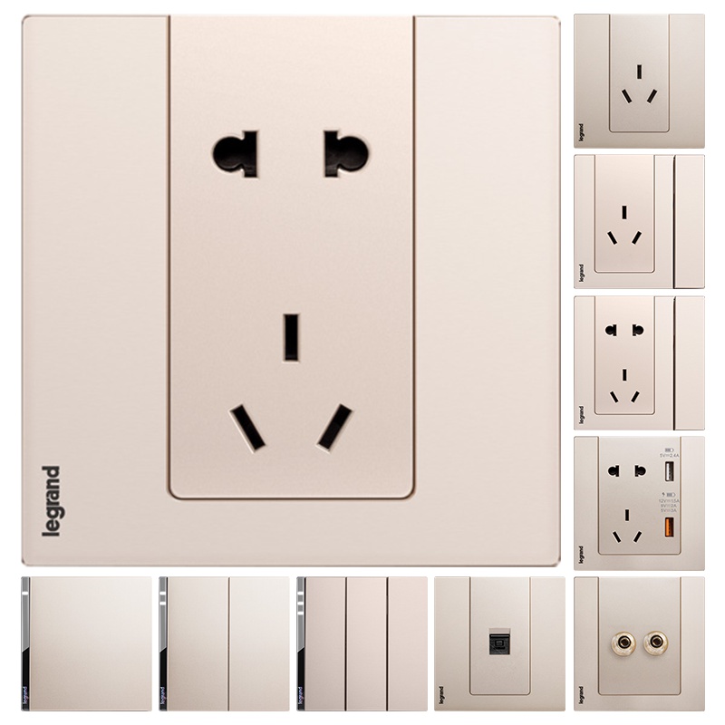 罗格朗(Legrand)开关插座面板逸远磨砂金5五孔二三插带一开双控USB家用墙壁电源86型暗装双控开关