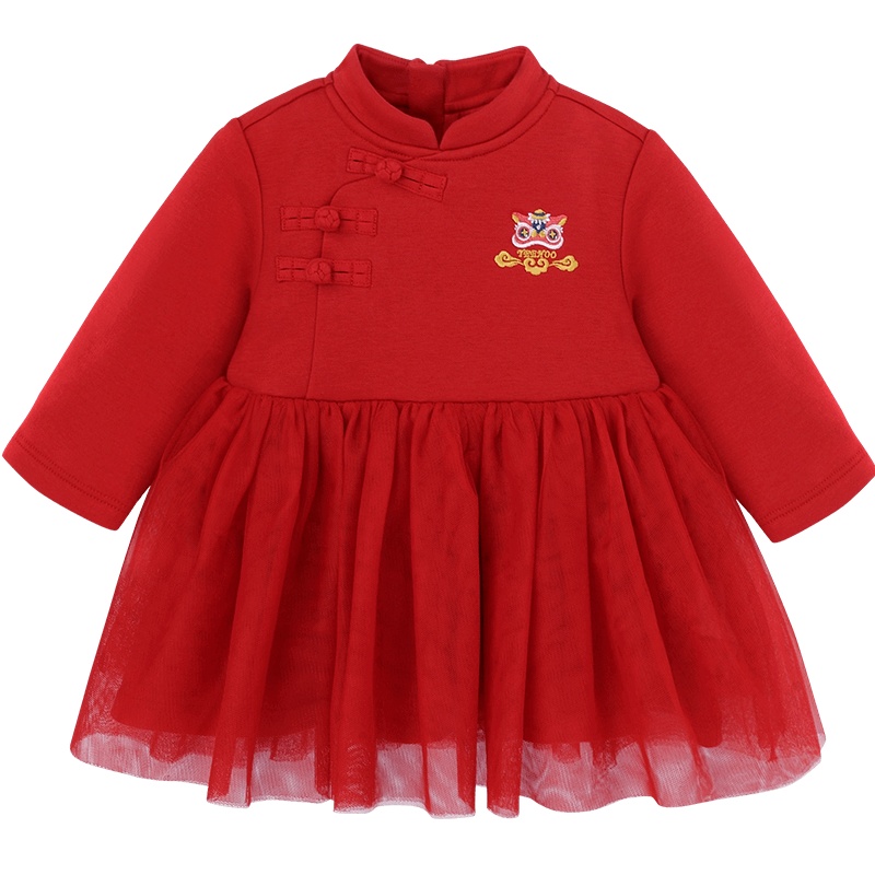 英氏童装儿童裙子宝宝新年装公主裙刺绣长袖连衣裙秋冬新年装