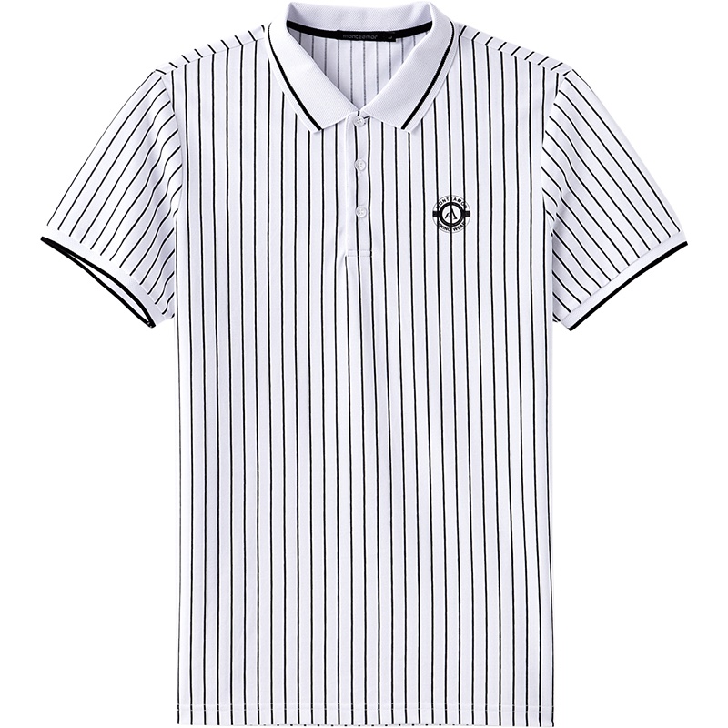 蒙蒂埃莫时尚轻运动撞色竖条纹男士翻领短袖T恤