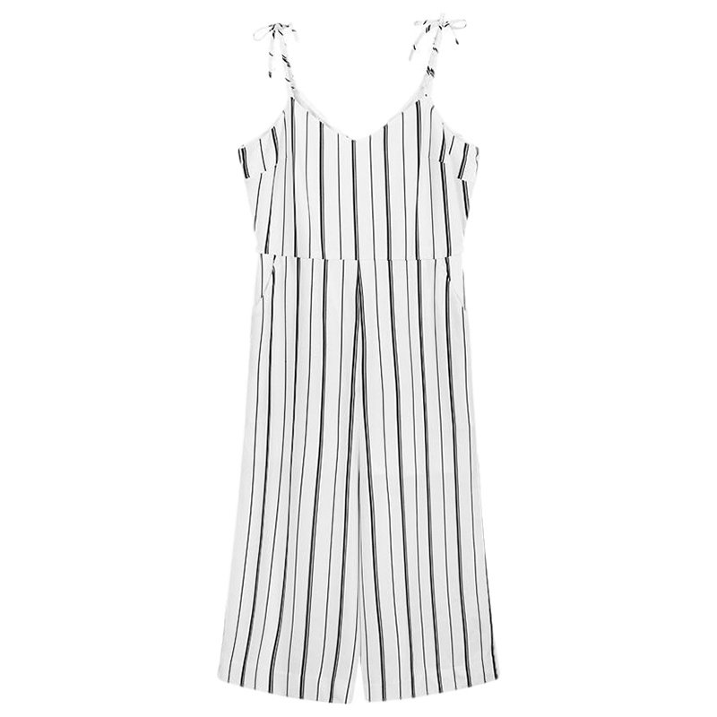 拉夏贝尔雪纺阔腿直筒连体裤女夏装新款韩版宽松高腰黑白条纹休闲裤子