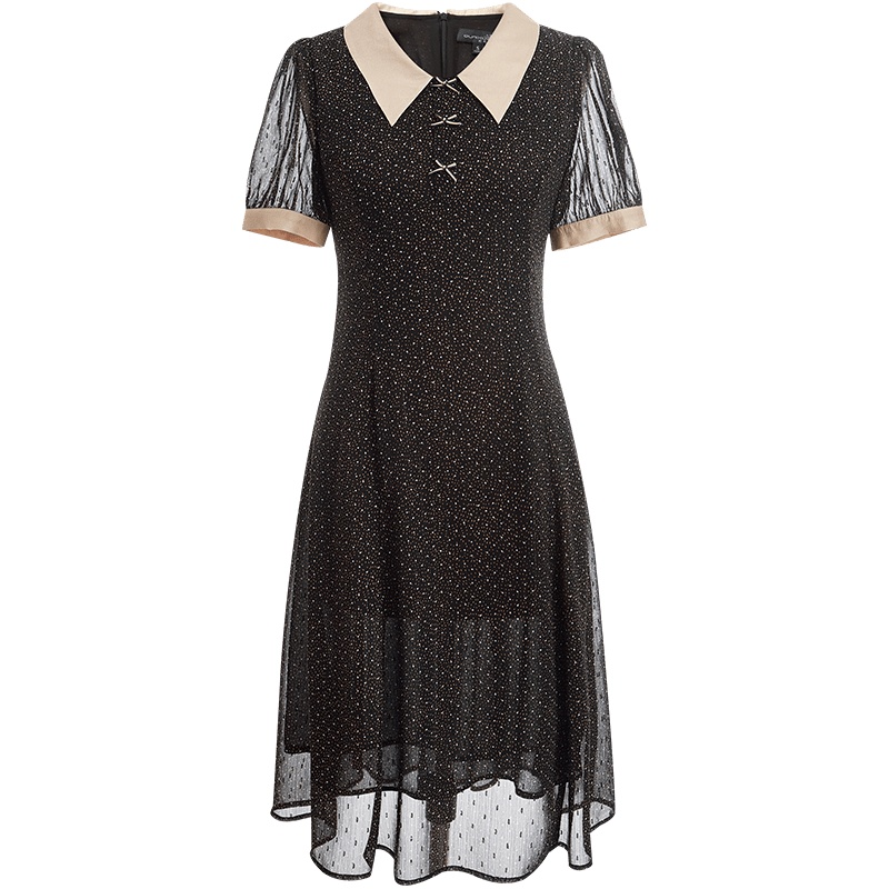 欧昵雪夏装Polo领蝴蝶结印花雪纺连衣裙显瘦女收腰a字裙