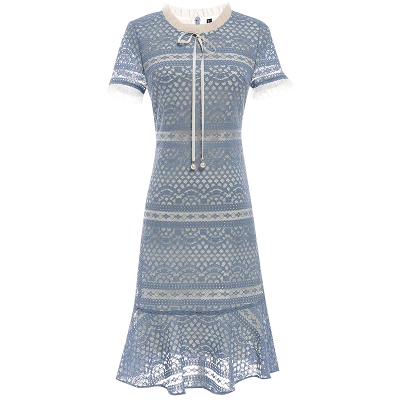 欧昵雪圆领拼接网纱蝴蝶结镂空蕾丝连衣裙女鱼尾裙子