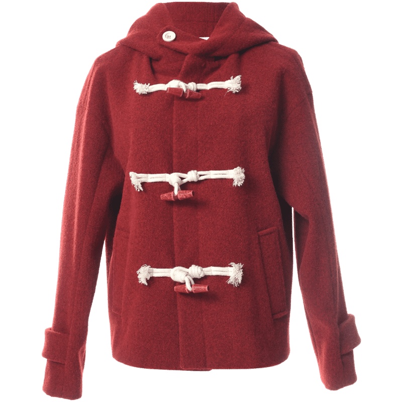 欧昵雪冬装连帽牛角扣毛呢大衣女宽松短款呢子外套