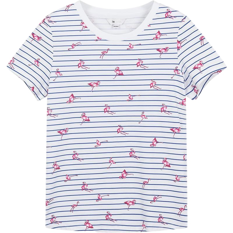 拉夏贝尔条纹T恤夏季新款印花图案青秋宽松百搭短袖休闲圆领内搭女_666 S 本白