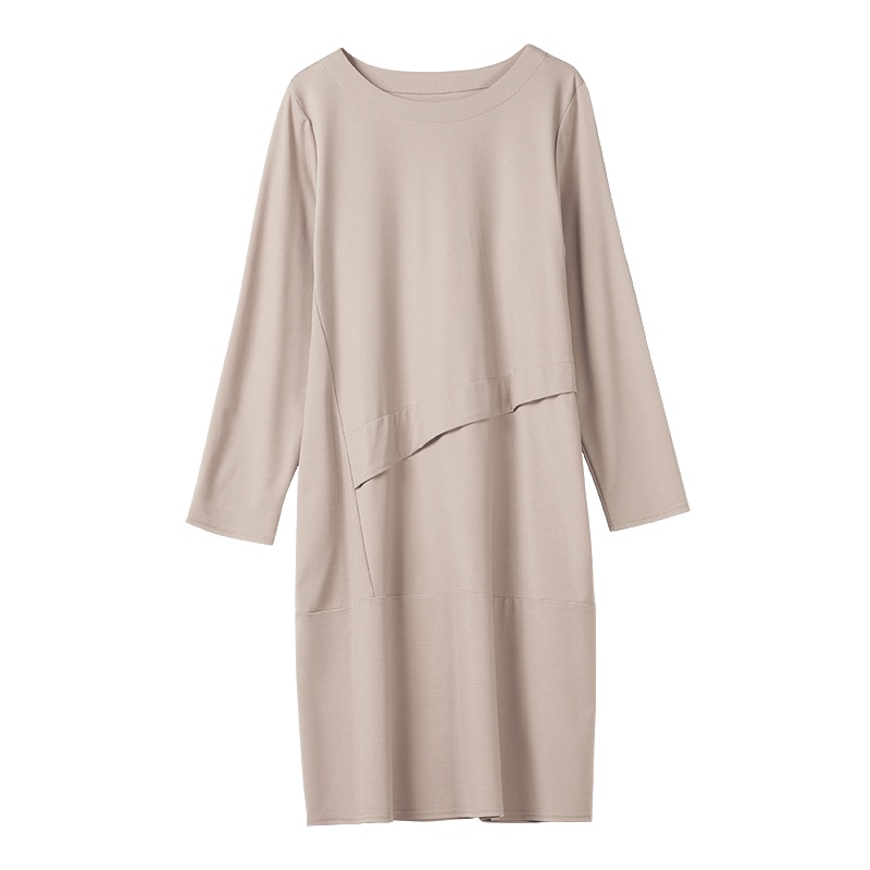 晩白 新品通勤简约休闲纯色圆领宽松显瘦中长款长袖连衣裙女