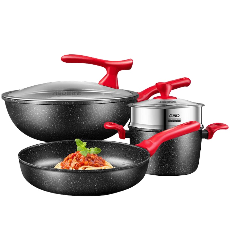 [优选]爱仕达麦饭石不粘锅三件套厨房锅具家用套装锅炒锅煎锅汤锅组合
