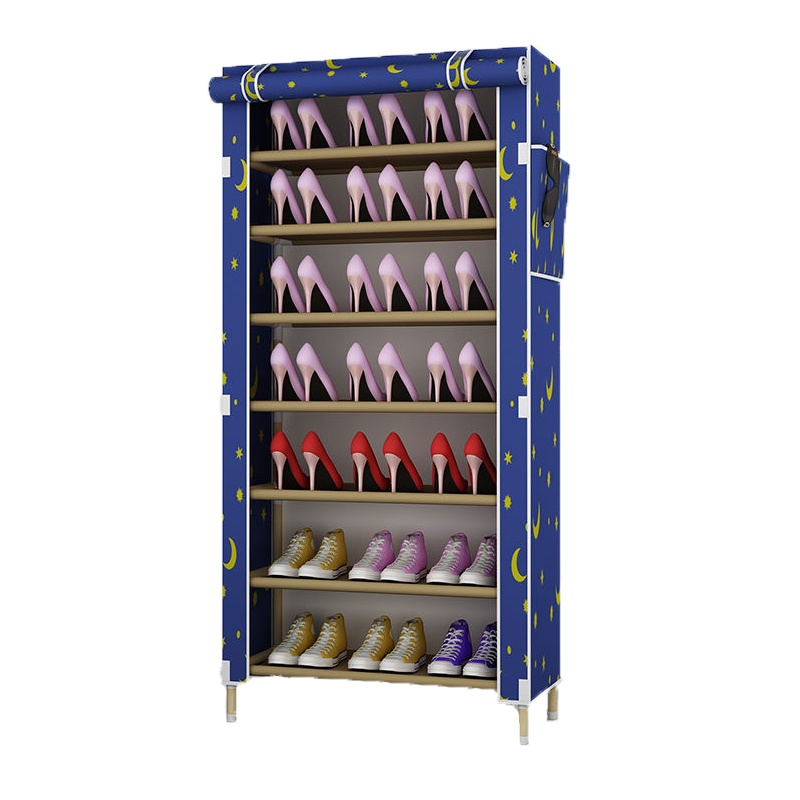 家时光 实木鞋柜布艺简易实木牛津布鞋柜多层简约收纳鞋架防尘组装家用无流苏