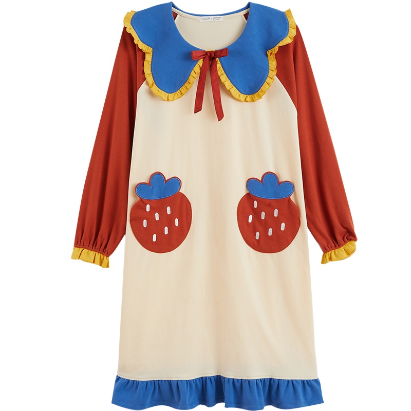 芬腾秋季新款睡裙女长袖纯棉少女甜美布朗熊中长裙睡衣春秋家居服