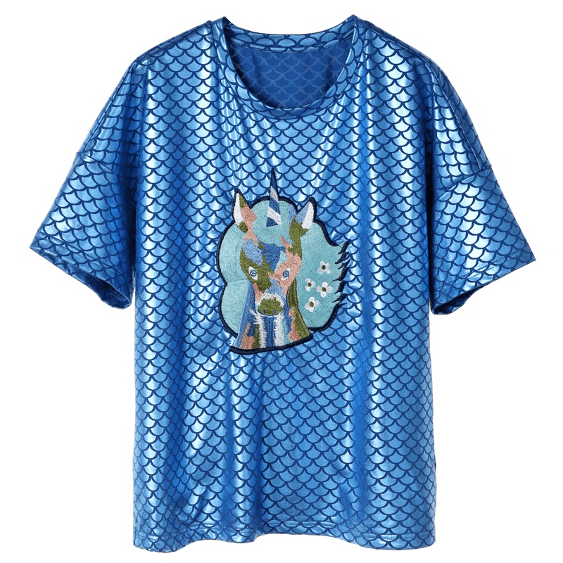 裂帛圆领贴补绣花短袖T恤新款鱼鳞亮片闪闪潮半袖上衣