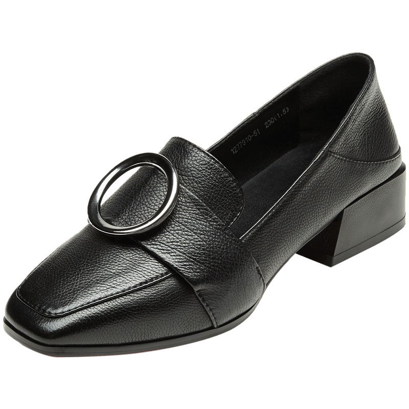 康奈女鞋 秋季纯色方跟套脚金属装饰方头浅口单鞋女时尚百搭两穿单鞋1277910