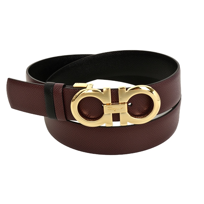 [畅享]Salvatore Ferragamo 菲拉格慕 女士双面黑色酒红色皮革休闲时尚铜色双扣皮带 酒红100CM