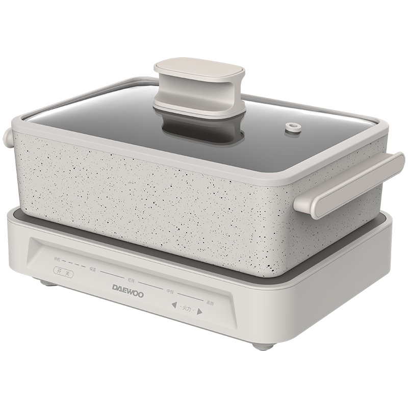 大宇(DAEWOO)多功能锅料理锅 家用电火锅电热锅电烧烤炉电煮锅不粘锅 (玻璃透明盖)白色