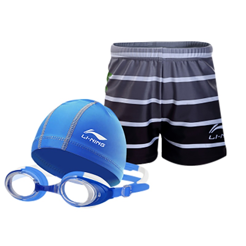 李宁（LI-NING） 儿童泳裤男童游泳裤泳镜泳帽套装小中大童男孩学生沙滩速干平角游泳衣泳装201+308/302套装
