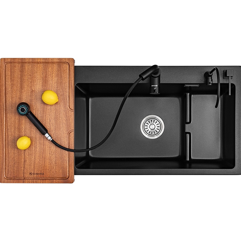 科恩纳(Coenna)石英石水槽单槽 厨房洗菜盆 洗碗水池 手工水槽大单槽台下盆水盆黑色花岗岩洗碗槽家用水池水斗带沥水槽