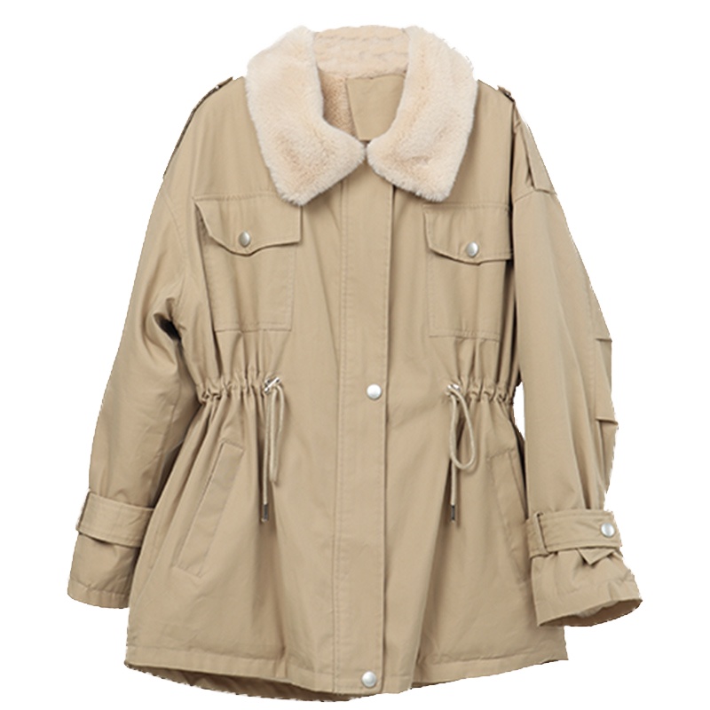 ENJOY'ME女装2019冬季新品毛绒小领子抽绳束腰宽松外套