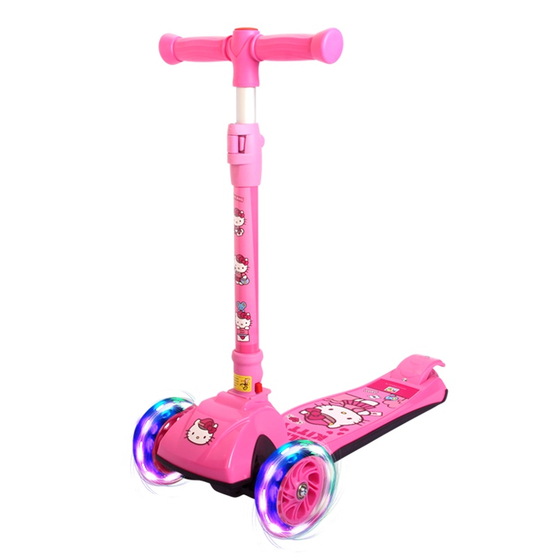 凯蒂猫3-8岁一秒折叠三档可调节高度摇摆车PU闪光宝宝踏板车儿童滑板车50kg承重80CM以上