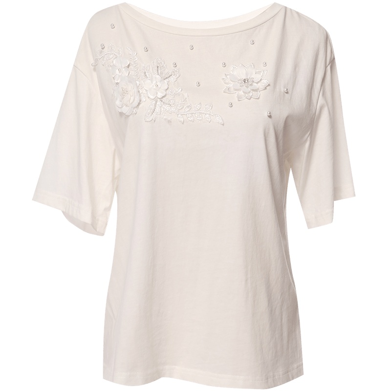 欧昵雪夏季时尚圆领套头钉珠贴花短袖T恤女显瘦遮肚上衣